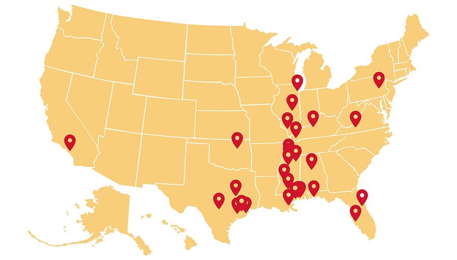 US map with pins to represent the hometowns of students in the Chinese language flagship program.  Most of the pins are in the Southeastern portion of the US.