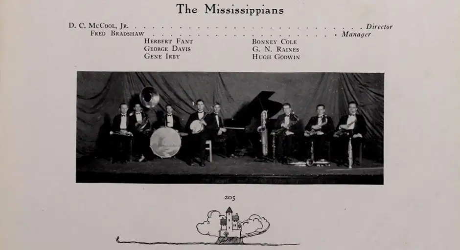 Page from archival publication with photo of nine-member band. Band members listed: D.C. McCoot, Jr., Director; Fred Bradshaw, Manager; Herbert Fant; George Davis; Gene Irby; Bonney Cole; G. N. Raines; Hugh Goodwin. Illustration of a castle and clouds with "205"