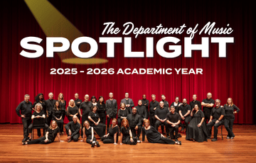 A photo of the faculty and staff of the Department of Music on stage at the Ford Center with text above that reads The Department of Music Spotlight 2025-2026 Academic Year