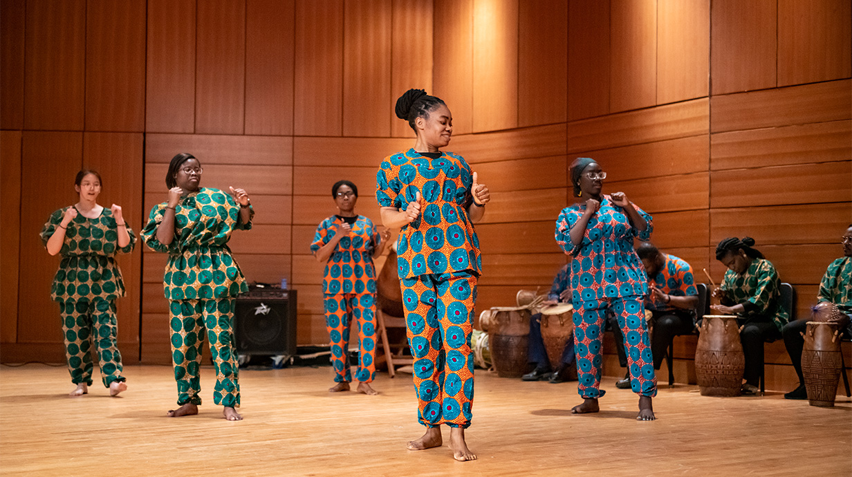 A group of students performing for the Ole Miss African Drum and Dance 