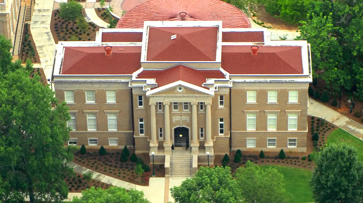 Tan building aerial picture of Bryant Hall