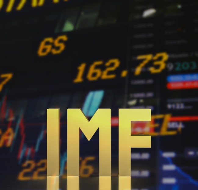 image of gold IMF letters in front of a digital background of stock market