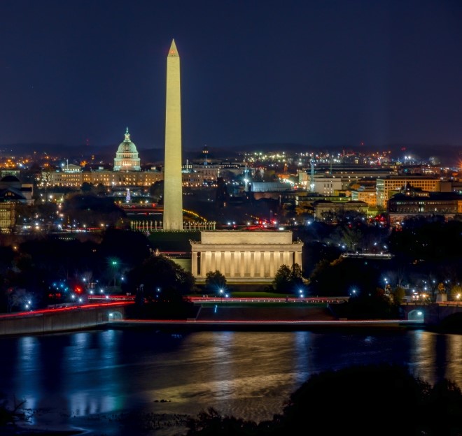 image of Washington DC landmarks at night