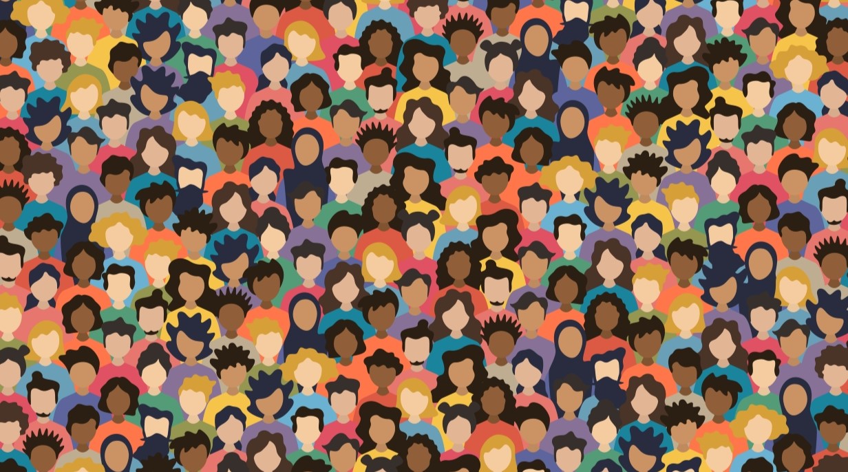 drawn image of many different people in a crowd with lots of different ethnicities represented