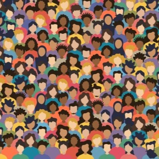 drawn image of many people in a crowd with lots of different ethnicities represented