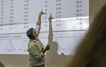 Professor pointing upward, standing in front of projected screen with numbers and graphs.