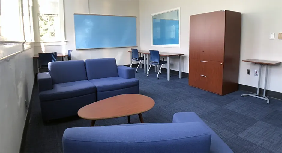 Room with windows; observation glass into another room; white board; large wooden storage cabinet; and a seating area with a sofa and chairs.