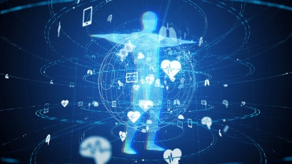 illustration of the human body with medical symbols swirling around in the space around it