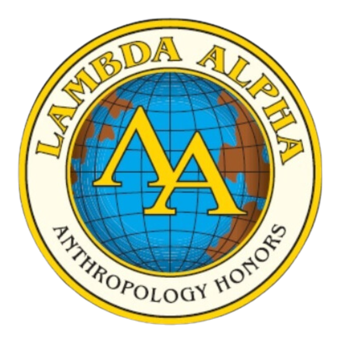 lambda alpha logo: globe with text, "LAMBDA ALPHA, Anthropology Honors"
