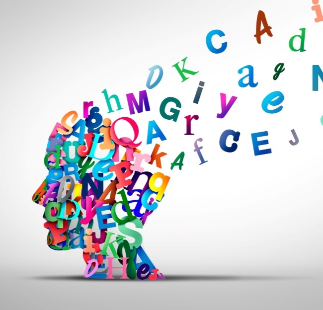 illustration of colorful letters making the shape of a human head and flying off the back of the head