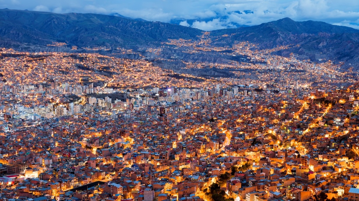 aerial view of La Paz, Bolivia at dusk