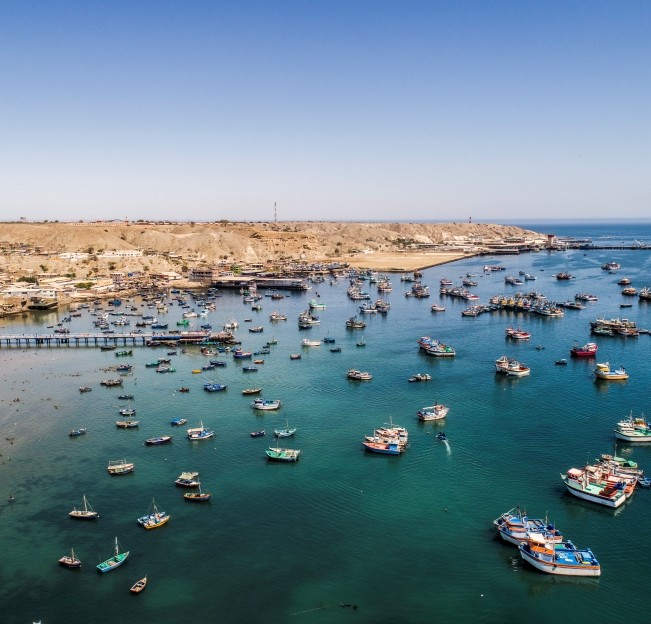 image of fishing boats along a coast that is dry landscape