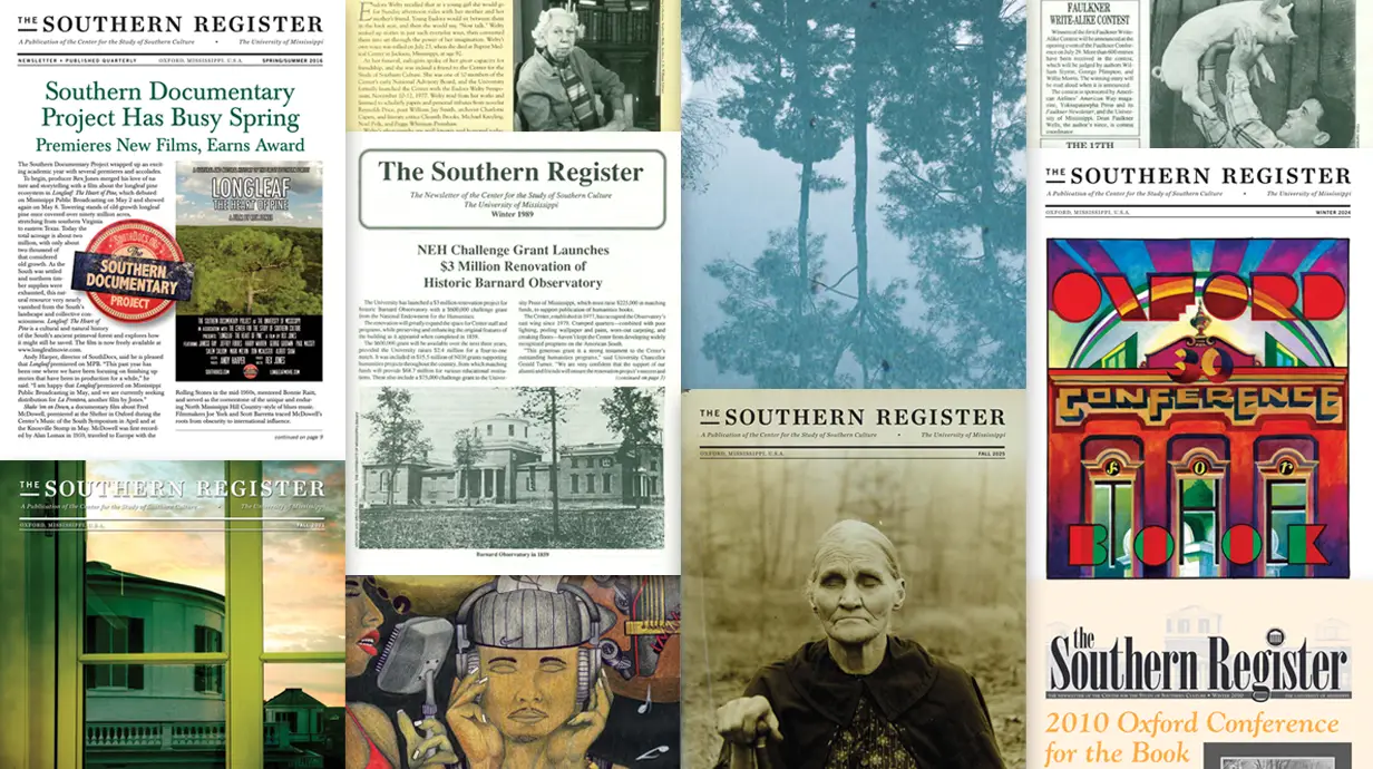montage of ten Southern Register newsletter covers