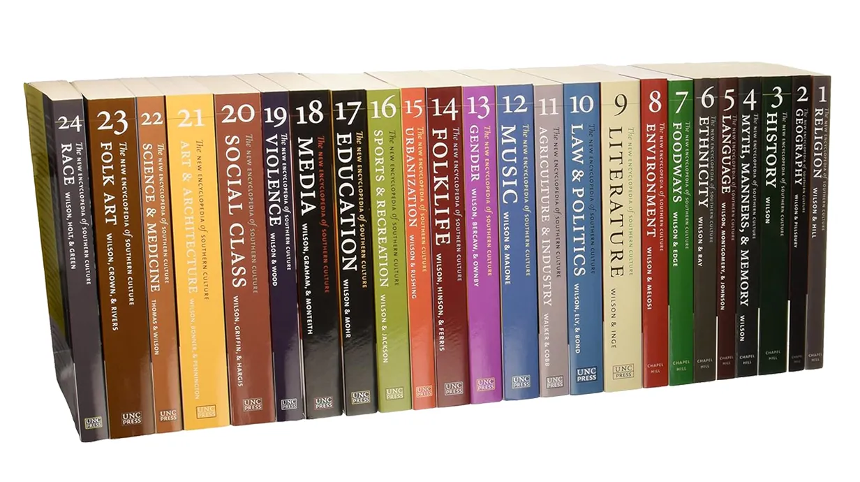 Spines of all 24 volumes of the The New Encyclopedia of Southern Culture