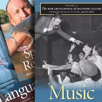 Stack of book covers. One cover shows a man is holding a catfish; one shows a musical performance by Elvis