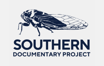 blue drawing of cicada in profile; text reads, "Southern Documentary Project"