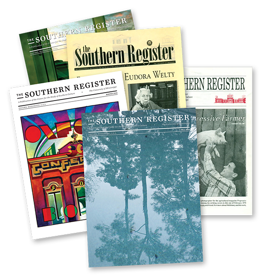 montage of Southern Register newsletter covers