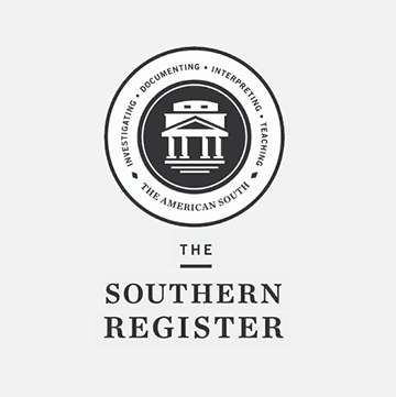 Southern Register logo: text reads, "Investigating • Documenting • Interpreting • Teaching • The American South, The Southern Register" simplified illustration of building with columns. 