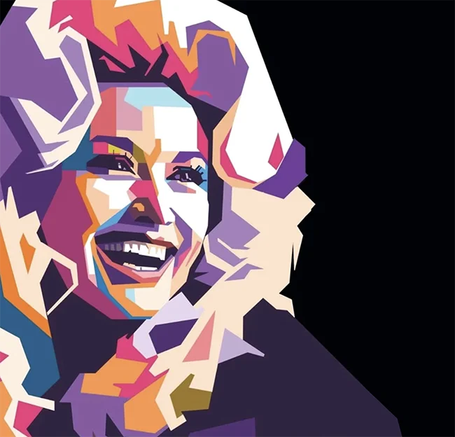 colorful portrait of Dolly Parton made of geometric shapes