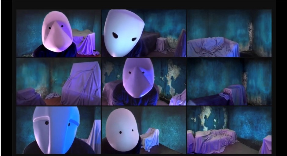 zoom screen of different squares with actors in each box in a white mask