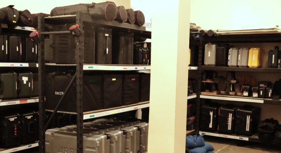 image of shelves with boxes of film equipment