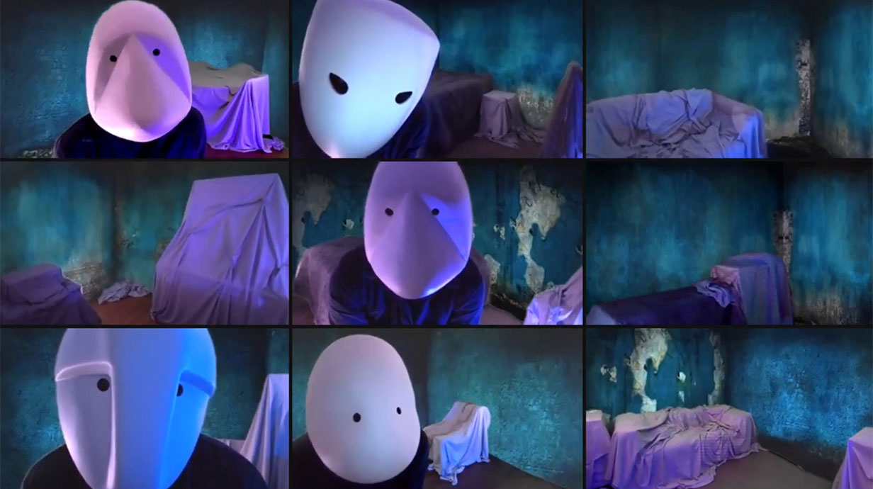 different white masks in blue lighting with a black background