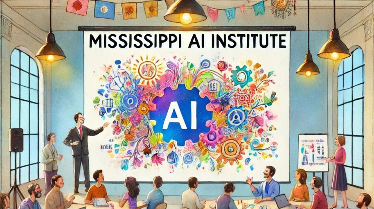 A playful and humanistic promotional image for the Mississippi AI Institute, rendered in watercolor style. The setting is a vibrant workshop with a diverse group of participants, including men and women of different ages and ethnicities. They are seated around tables adorned with colorful decorations, laptops open, engaging actively with each other. A presenter at the front gestures towards a whimsical, watercolor-style AI concept on a large screen.