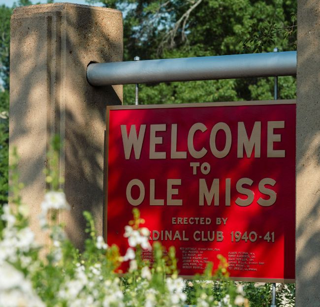 Welcome sign at the entrance to Ole Miss campus. 