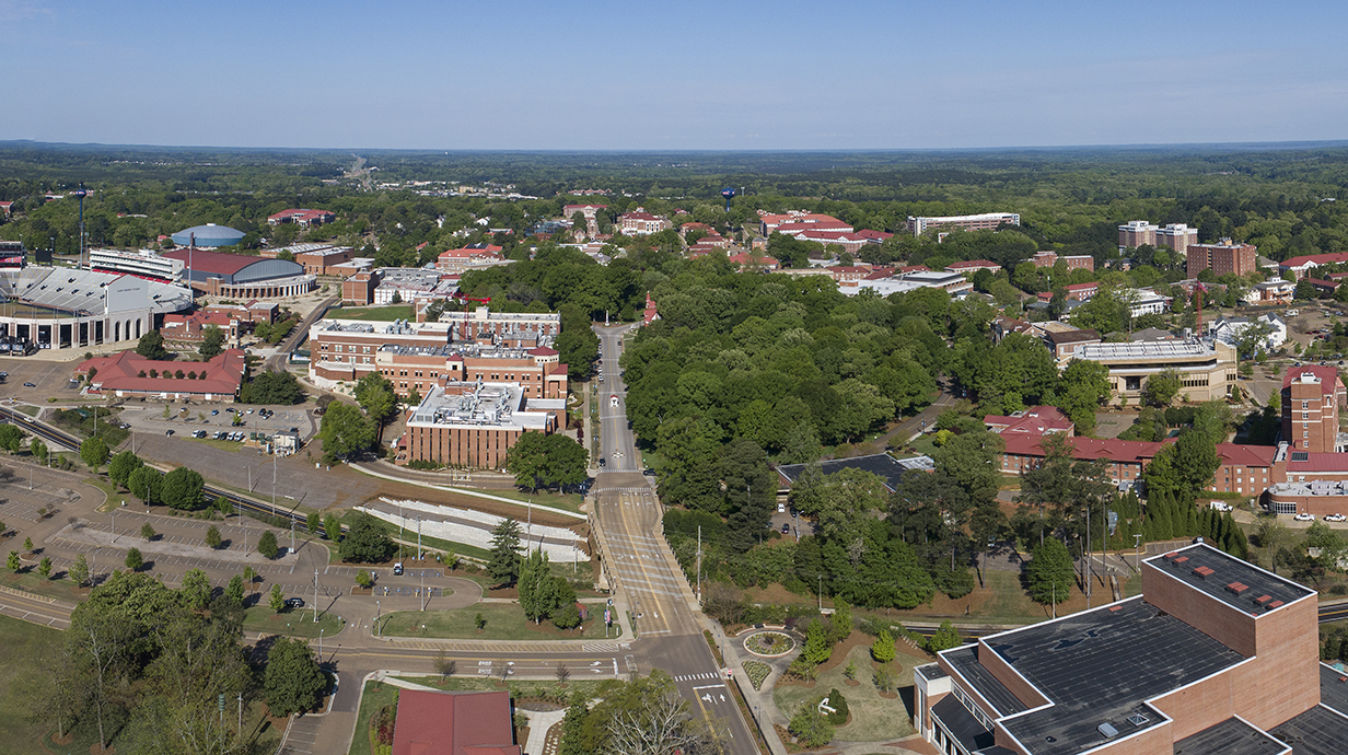 Drone image of Campus showing University Ave into the Circle and the surrounding buildings 