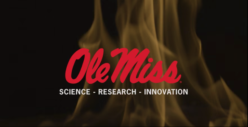 Ole Miss logo, Science - Research - Innovation type overlaid on image of flames