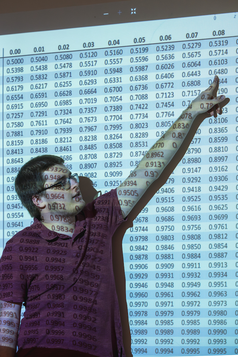 Student pointing to rows of numbers 