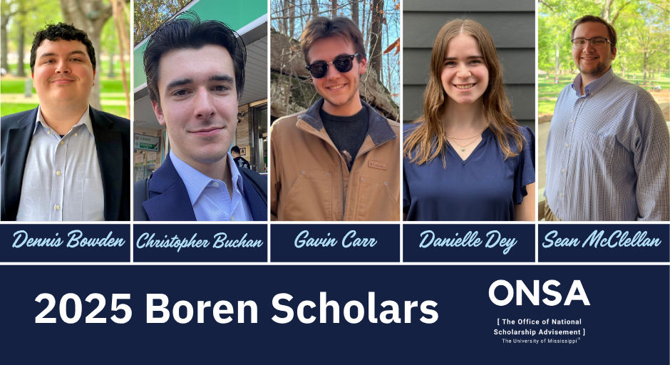 2025 Boren Scholars: Dennis Bowden, Christopher Buchan, Gavin Carr, Danielle Dey, and Sean McClellan
