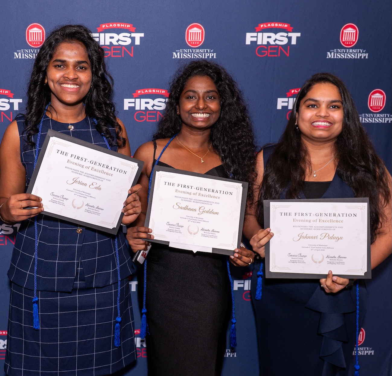 Students pose against a Flagship First-Gen backdrop during Evening of Excellence.
