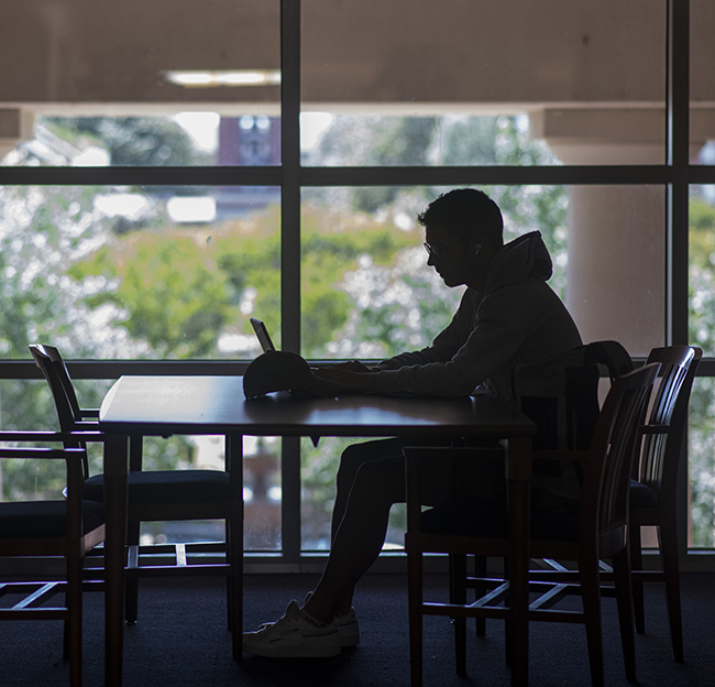 A silhouette of a student studying in front of windows in the library that look into the Quad