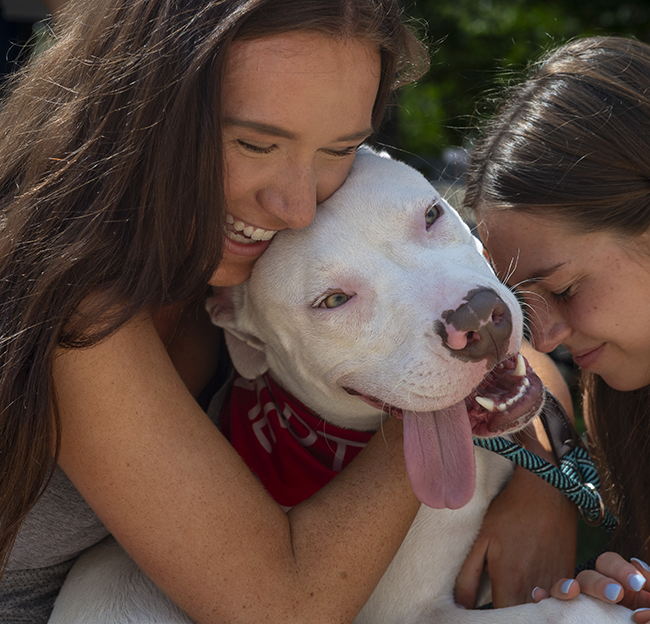 Two students hug a white dog and smile