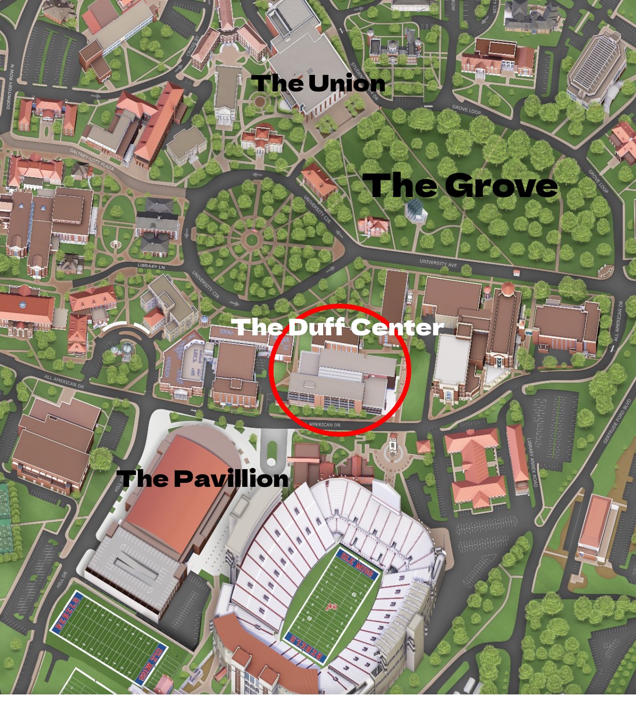 a map indicating where the duff center is located inbetweeen the football stadium and the Grove park 