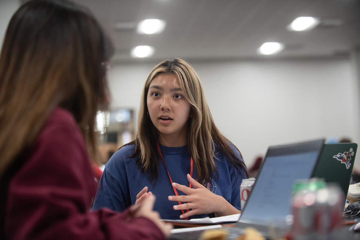 Students speaking by laptop