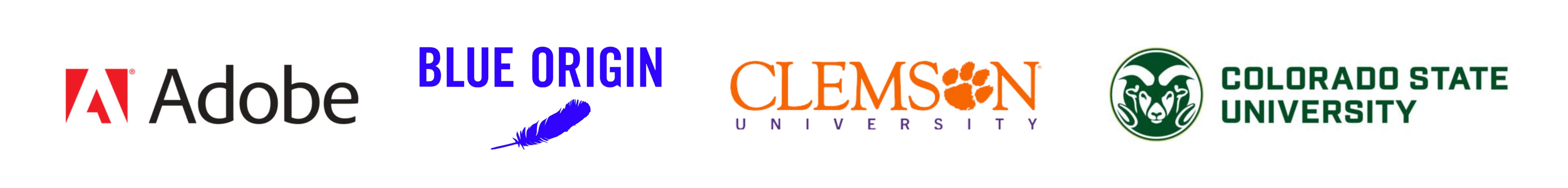 An image showing the logo for Adobe, Blue Origin, Clemson University, and Colorado State University