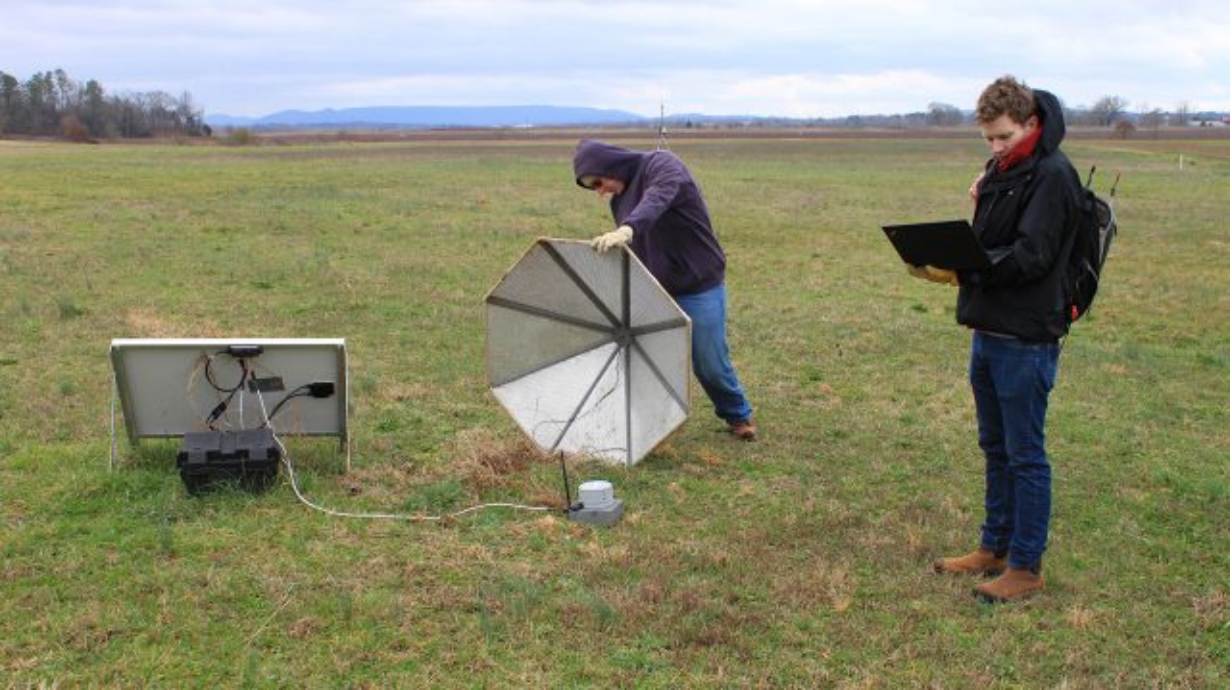 Researchers in a field testing technology.