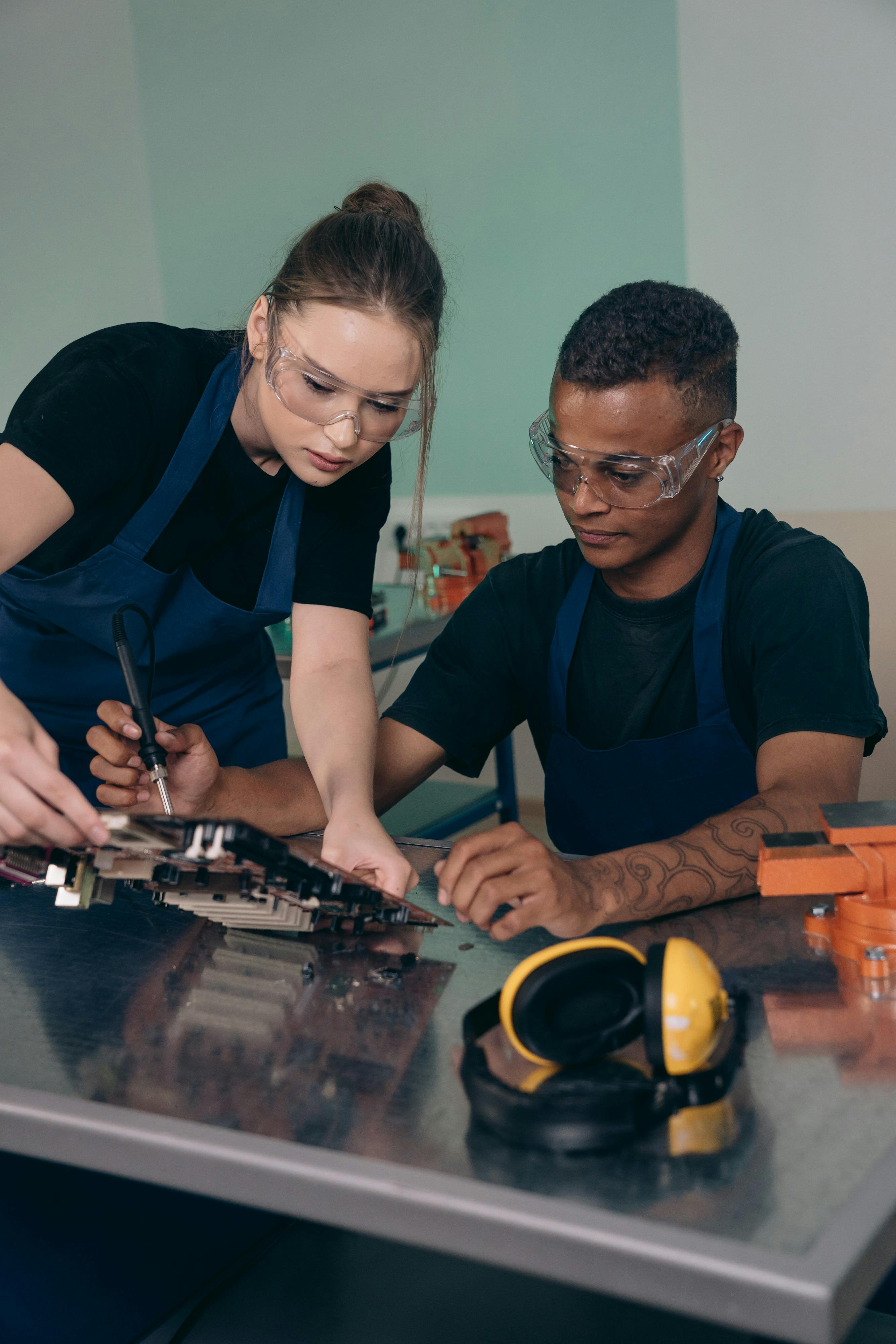 a guy and a girl working on a project with clear glasses on for safety