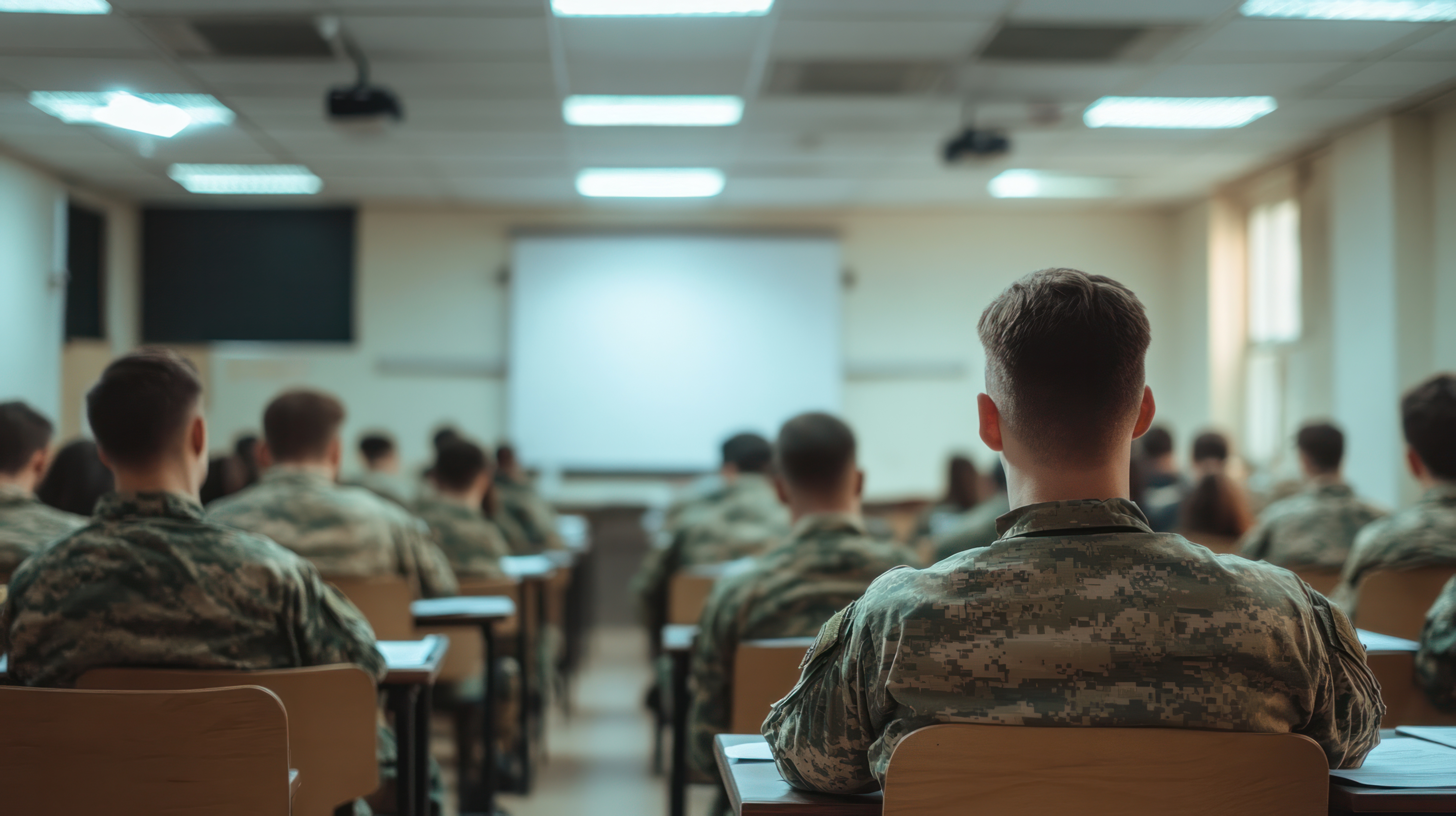 man sitting and listening to teacher in classroom