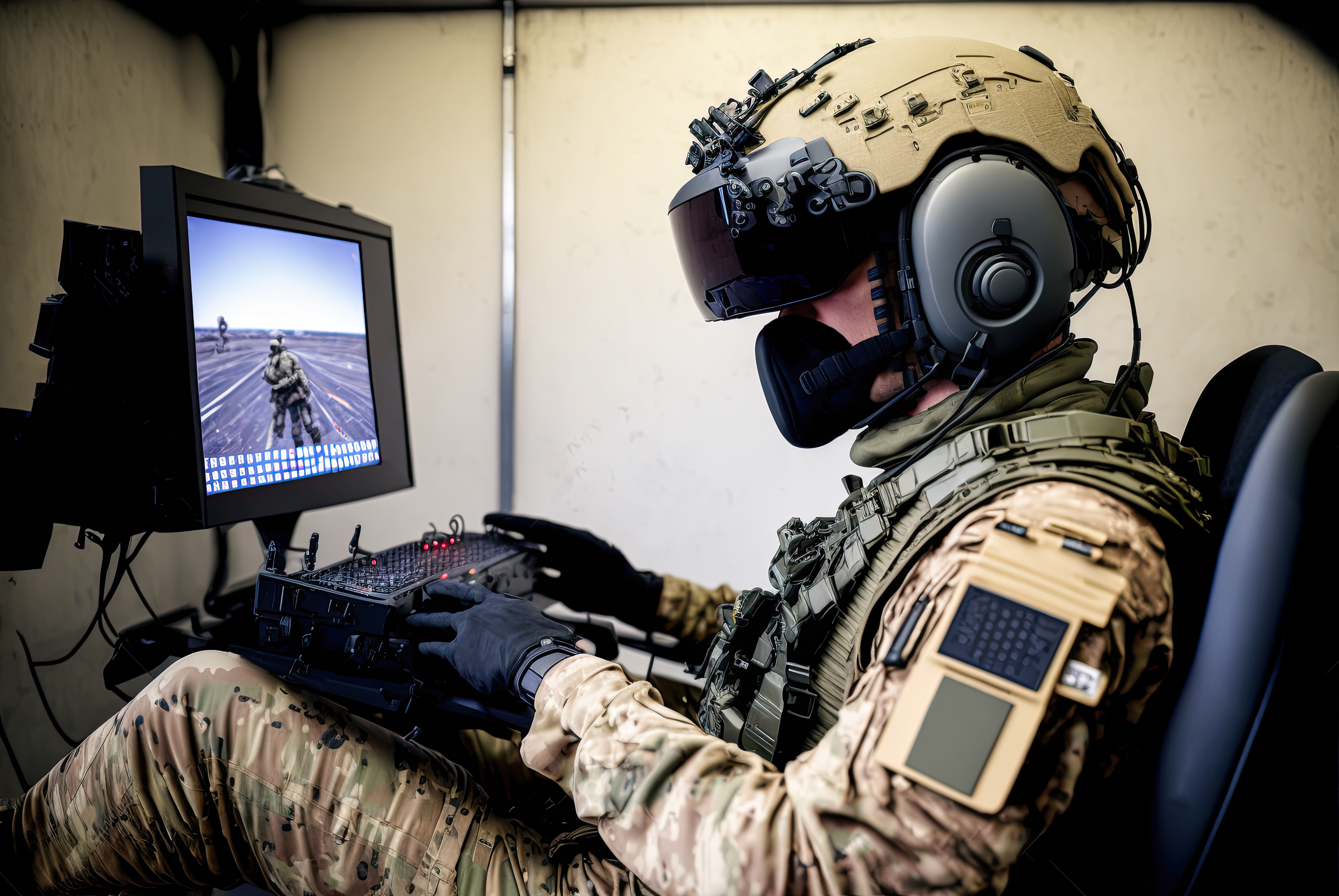 man in full uniform on a computer