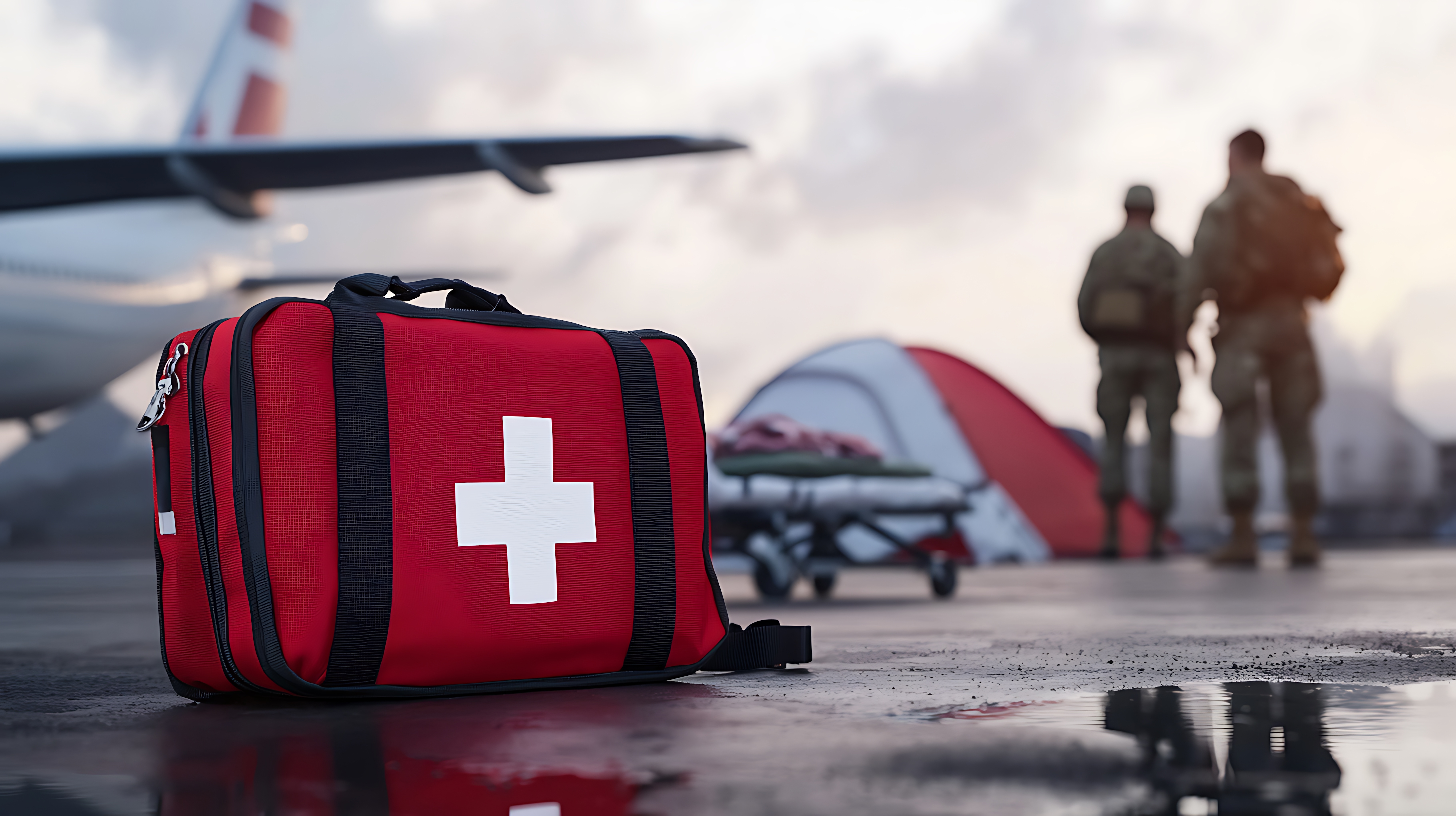 medical pack on ground with plane in background