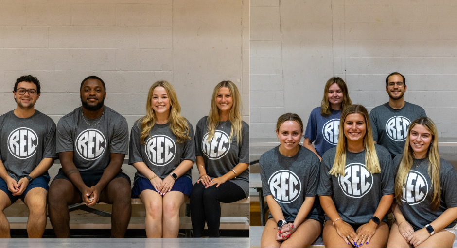 Memberships (left) and Marketing (right) student employees sitting on bleachers.