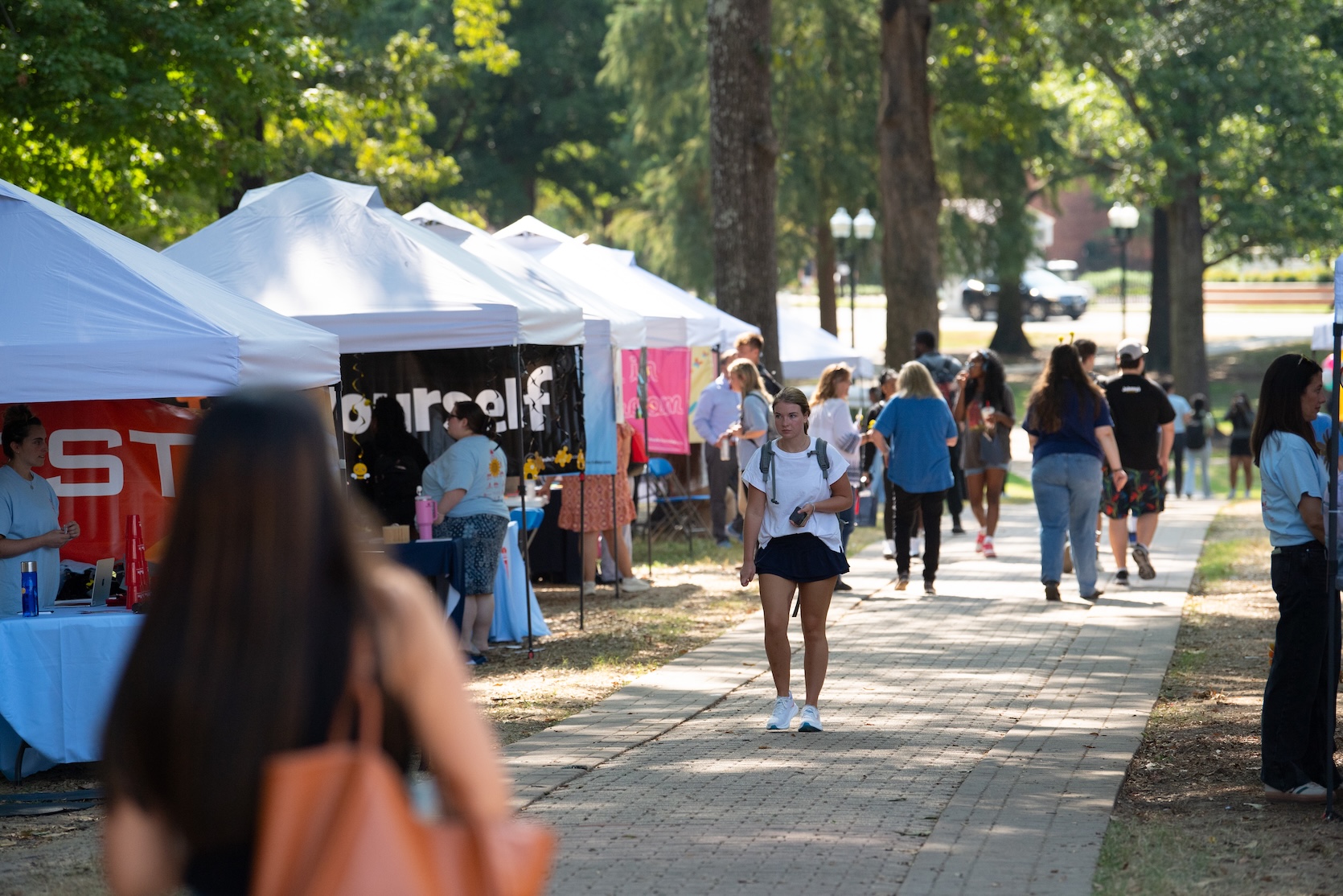 People walking in the grove with tents.