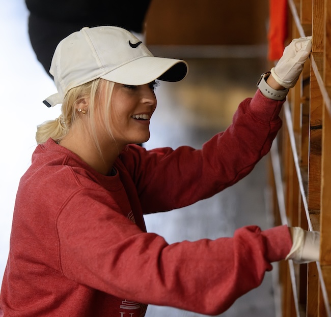 A student cleans a bookshelf during MLK Day of Service.