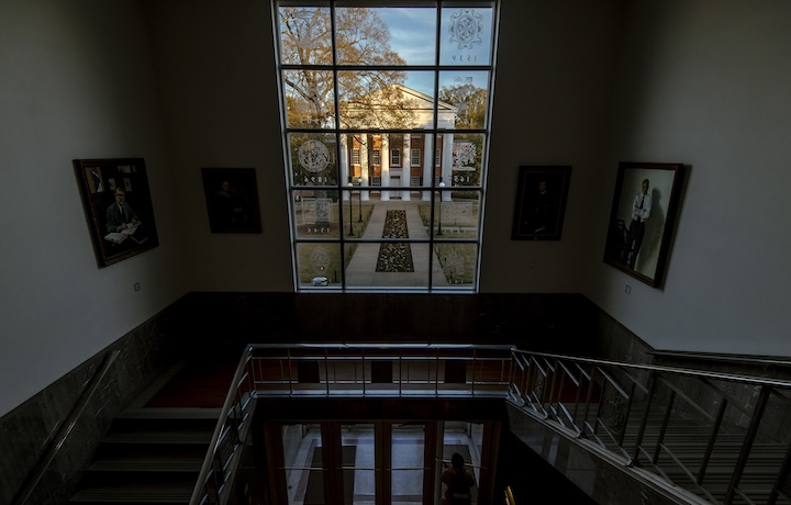 A staircase window overlooks the Lyceum. 