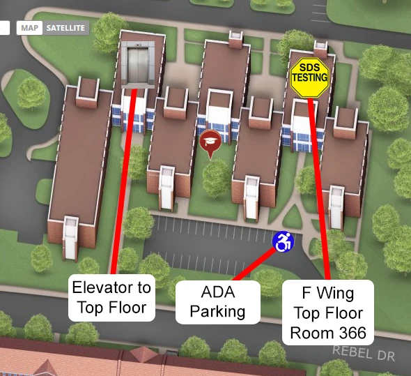 SDS Testing Center on Kinard Hall Map. The SDS Testing Center is located in the F Wing, top floor, room 366.