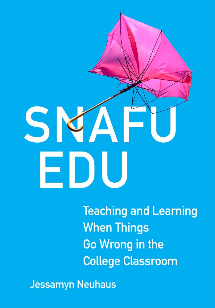 Cover of Snafu Edu, with an inside-out umbrella against a blue background