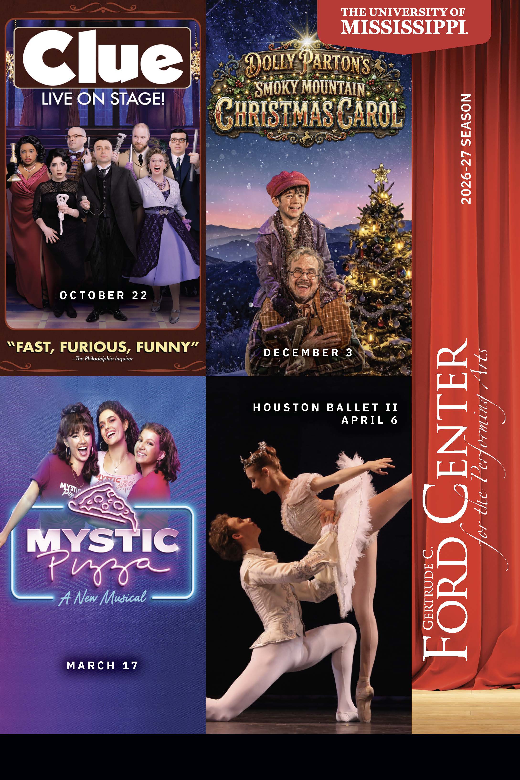 Brochure featuring the shows: Fast, Furious, Funny, December 3, Mystic Pizza, and Houston Ballet